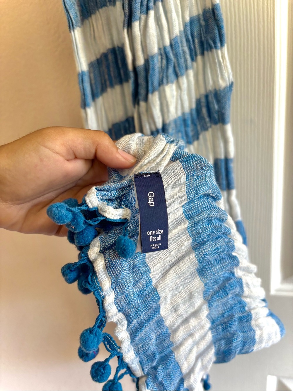 Gap Striped Gauze Cotton Lightweight Boho Scarf Blue Pom-Trim Scarf One Size